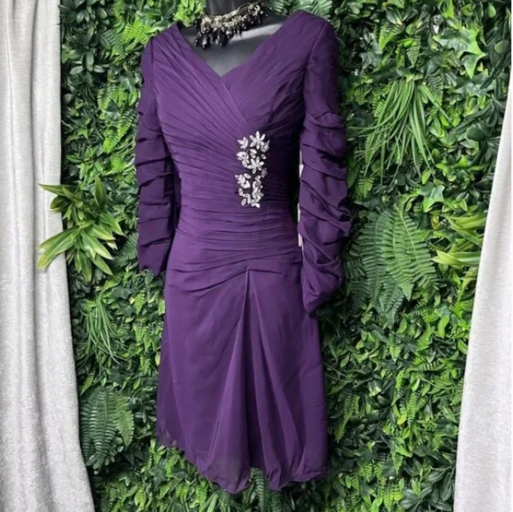 Purple formal short pleated stone wedding